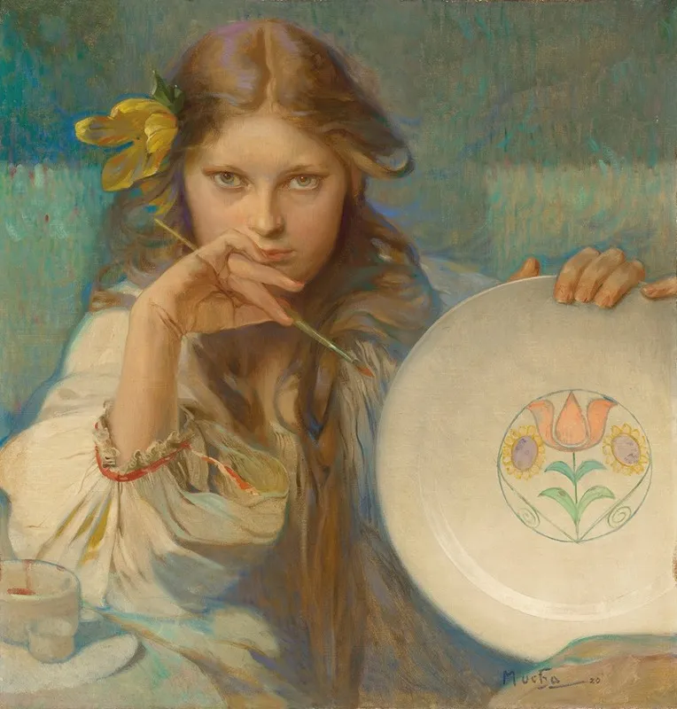Girl With A Plate With A Folk Motif Wall Art by Alphonse Mucha - High-Resolution Digital Print