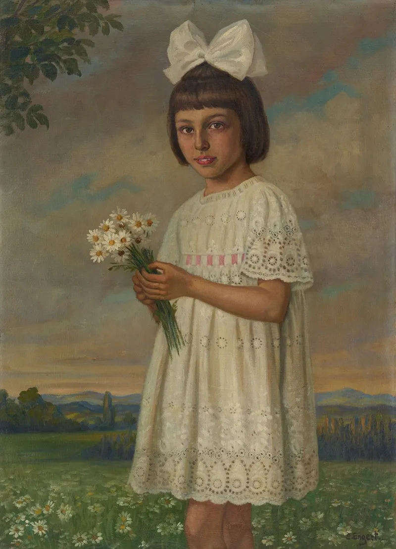 Girl With Bouquet Of Daisies Set Against A Landscape Wall Art by Emil Engert - High-Resolution Digital Print