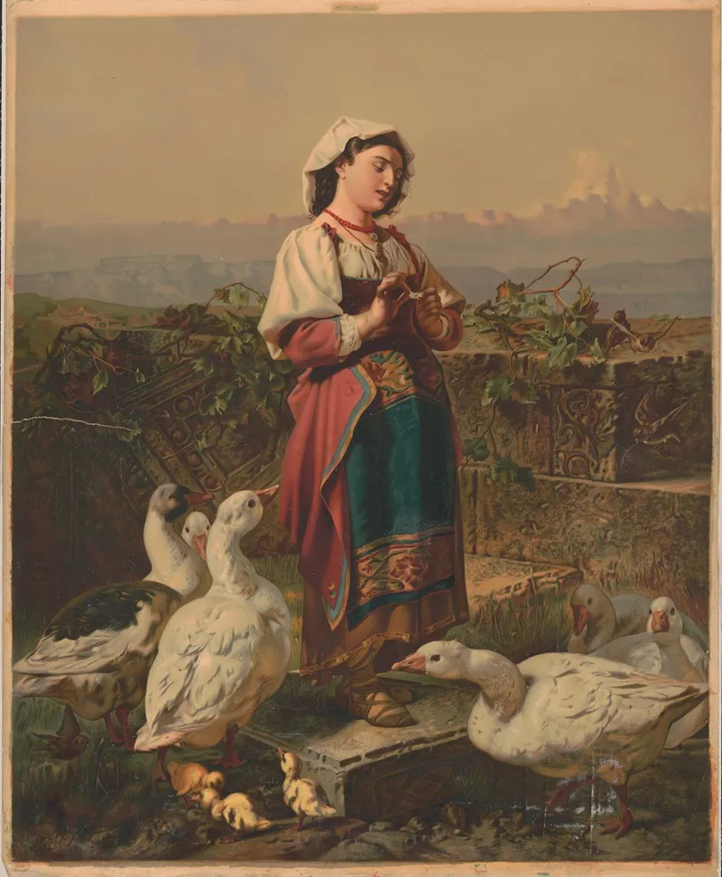 Girl With Geese And Gosslings With Mountains In The Background Wall Art by A. & C Kaufmann - High-Resolution Digital Print