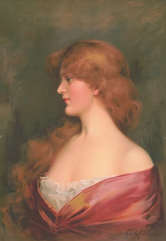 Girl With Long Brown Hair In A Red Dress Wall Art by Carle J. Blenner - High-Resolution Digital Print