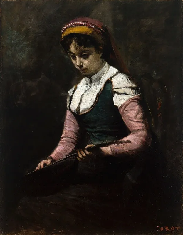 Girl With Mandolin Wall Art by Jean-Baptiste-Camille Corot - High-Resolution Digital Print