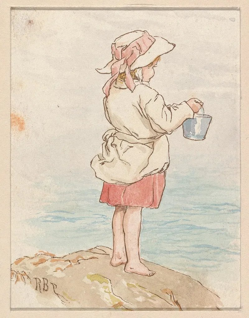 Girl With Pail Beside The Sea Wall Art by Robert Barnes - High-Resolution Digital Print