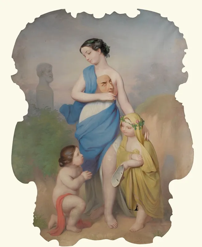 Girl With Two Children And A Mask Wall Art by Continental School - High-Resolution Digital Print