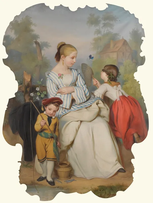 Girl With Two Children And Butterfly Wall Art by Continental School - High-Resolution Digital Print