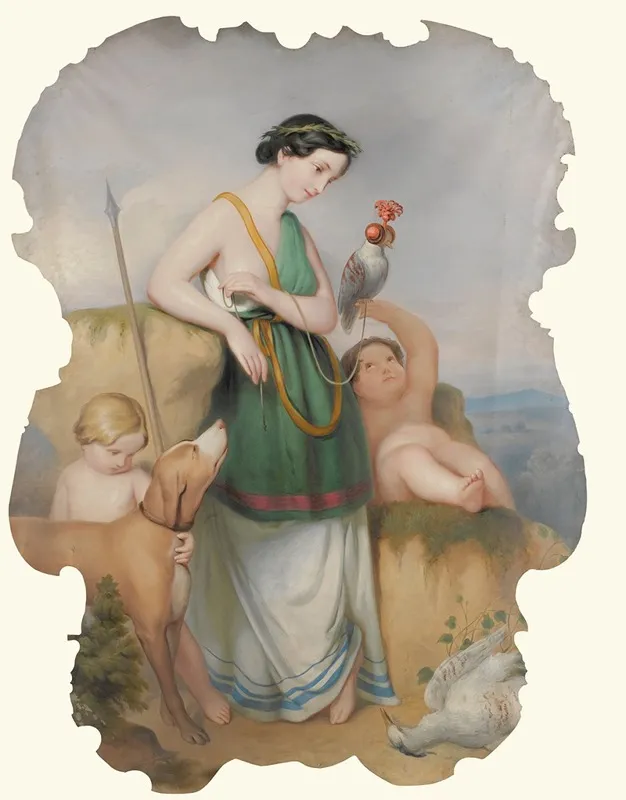 Girl With Two Children Hound And Birds Wall Art by Continental School - High-Resolution Digital Print