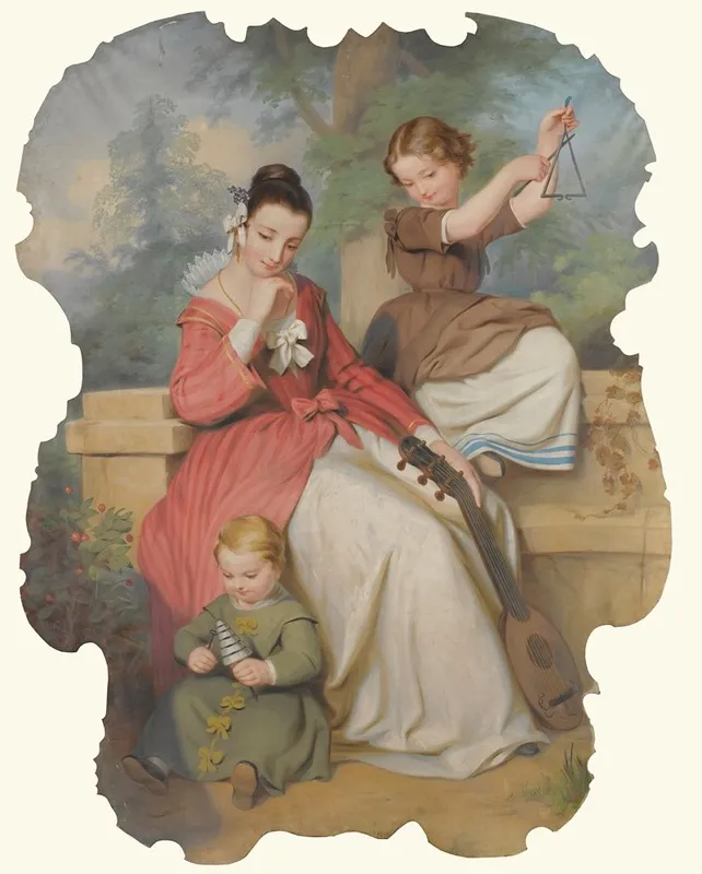 Girl With Two Children Playing Music Wall Art by Continental School - High-Resolution Digital Print