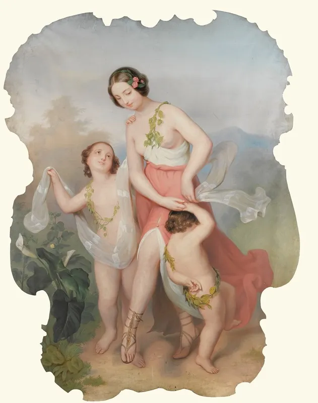 Girl With Two Dancing Children Wall Art by Continental School - High-Resolution Digital Print