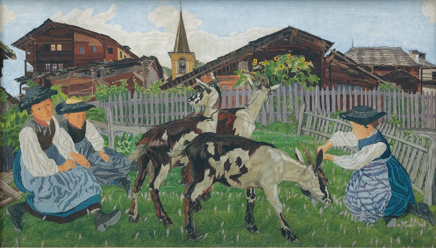 Girls From The Valais At The Goat Park Wall Art by Raphy Dallèves - High-Resolution Digital Print