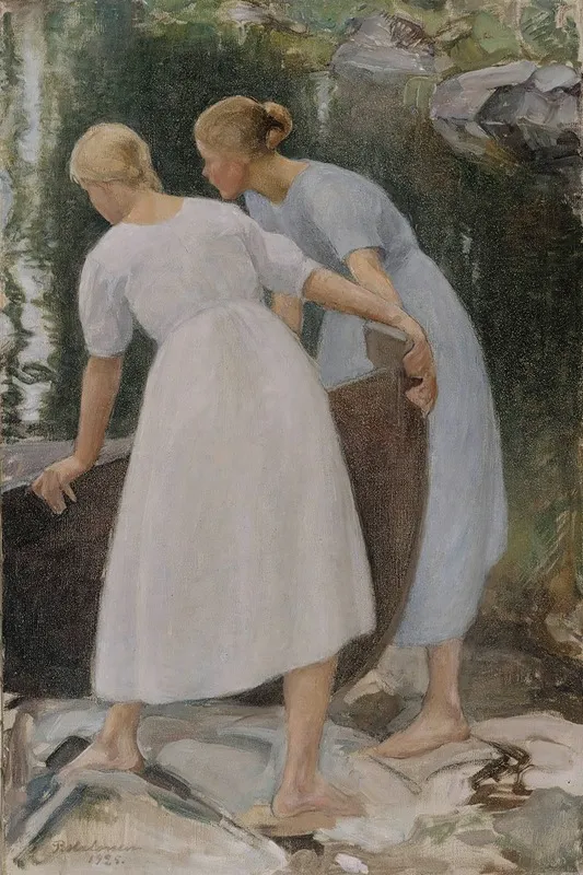 Girls Pushing A Boat Wall Art by Pekka Halonen - High-Resolution Digital Print