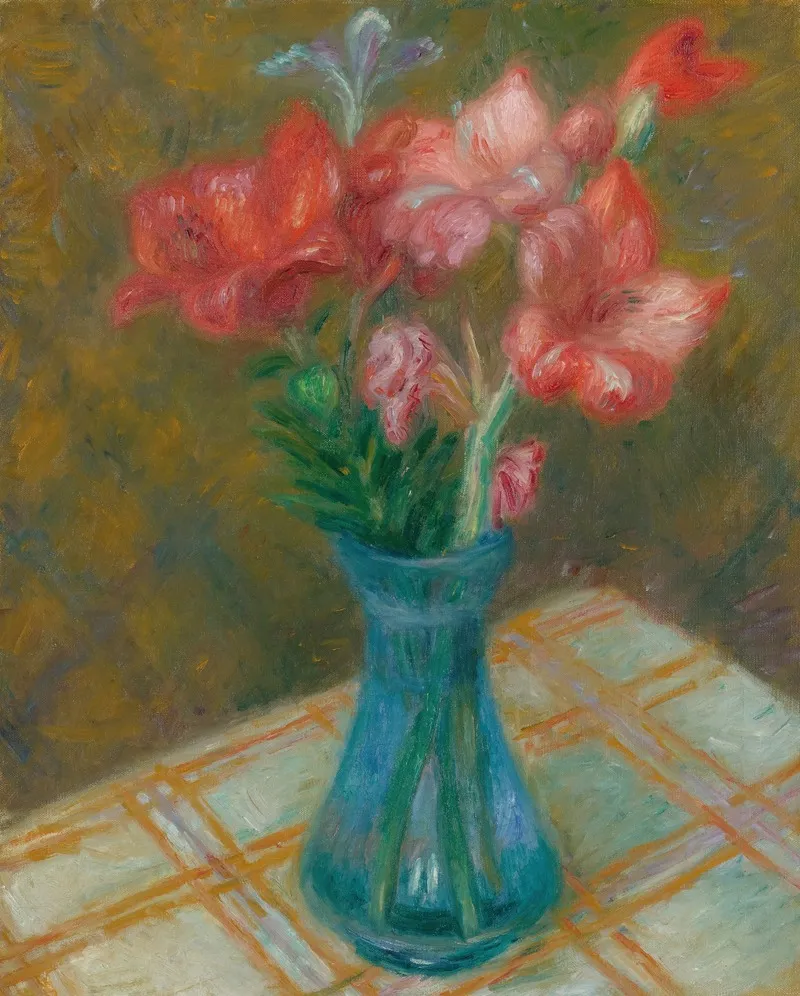 Gladiolas In Green Glass Vase Wall Art by William James Glackens - High-Resolution Digital Print