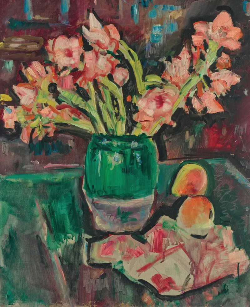 Gladioli In A Green Vase Wall Art by George Leslie Hunter - High-Resolution Digital Print