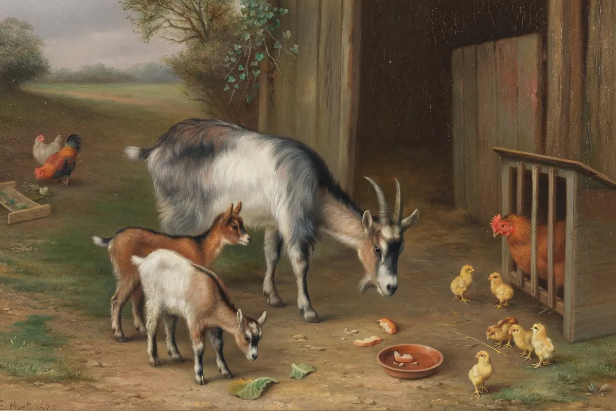 Goats And Chickens In A Farmyard Wall Art by Edgar Hunt - High-Resolution Digital Print