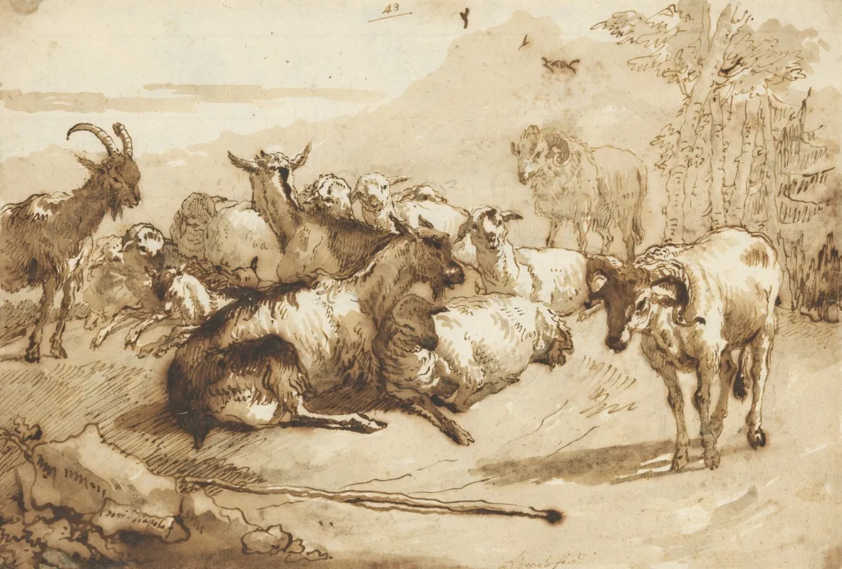 Goats And Sheep In A Landscape Wall Art by Giovanni Domenico Tiepolo - High-Resolution Digital Print