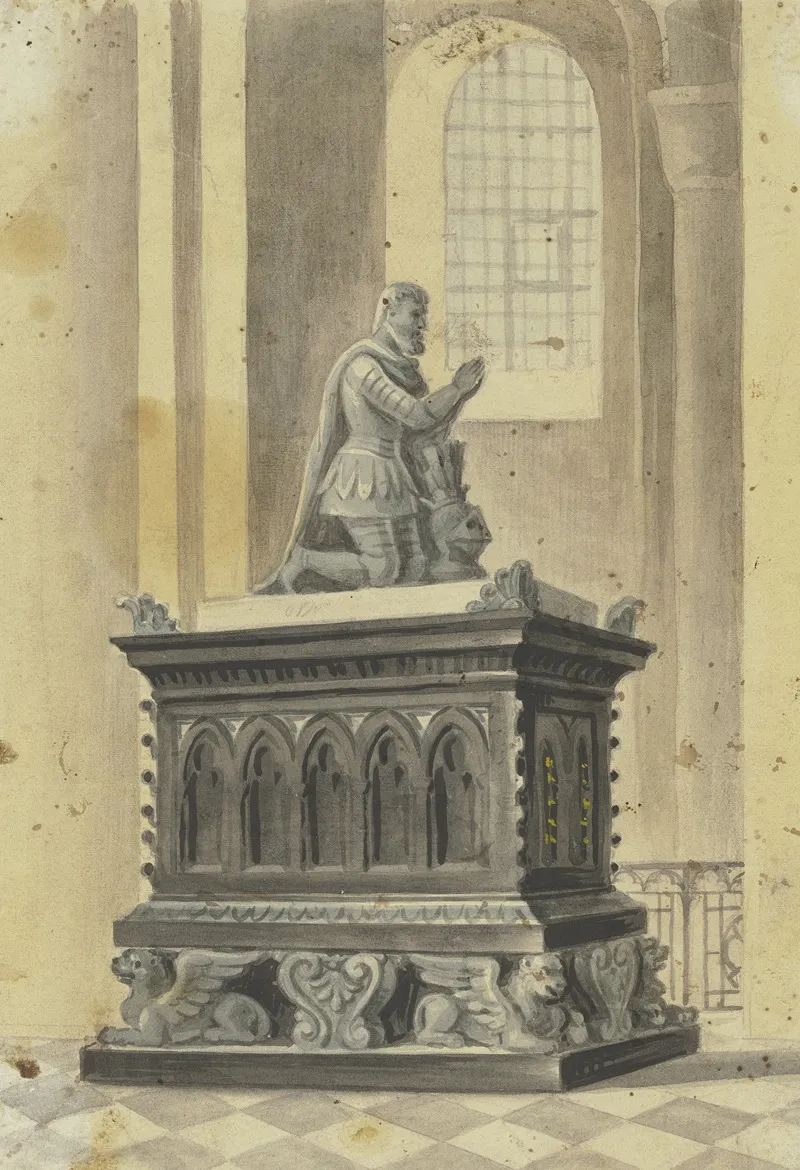 Grabmal In Einer Kirche Ein Ritter Auf Einem Sarkophag Kniend