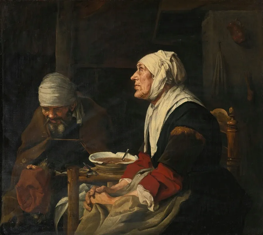 Grace Before Dinner An Old Couple Seated At A Table Wall Art by Abraham Van Dijck - High-Resolution Digital Print