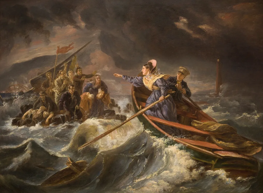 Grace Darling And Her Father Rescuing Survivors From The Wreck Of The Forfarshire On The Farne Islands Sept 7th 1838 Wall Art by Charles Achille d'Hardiviller - High-Resolution Digital Print