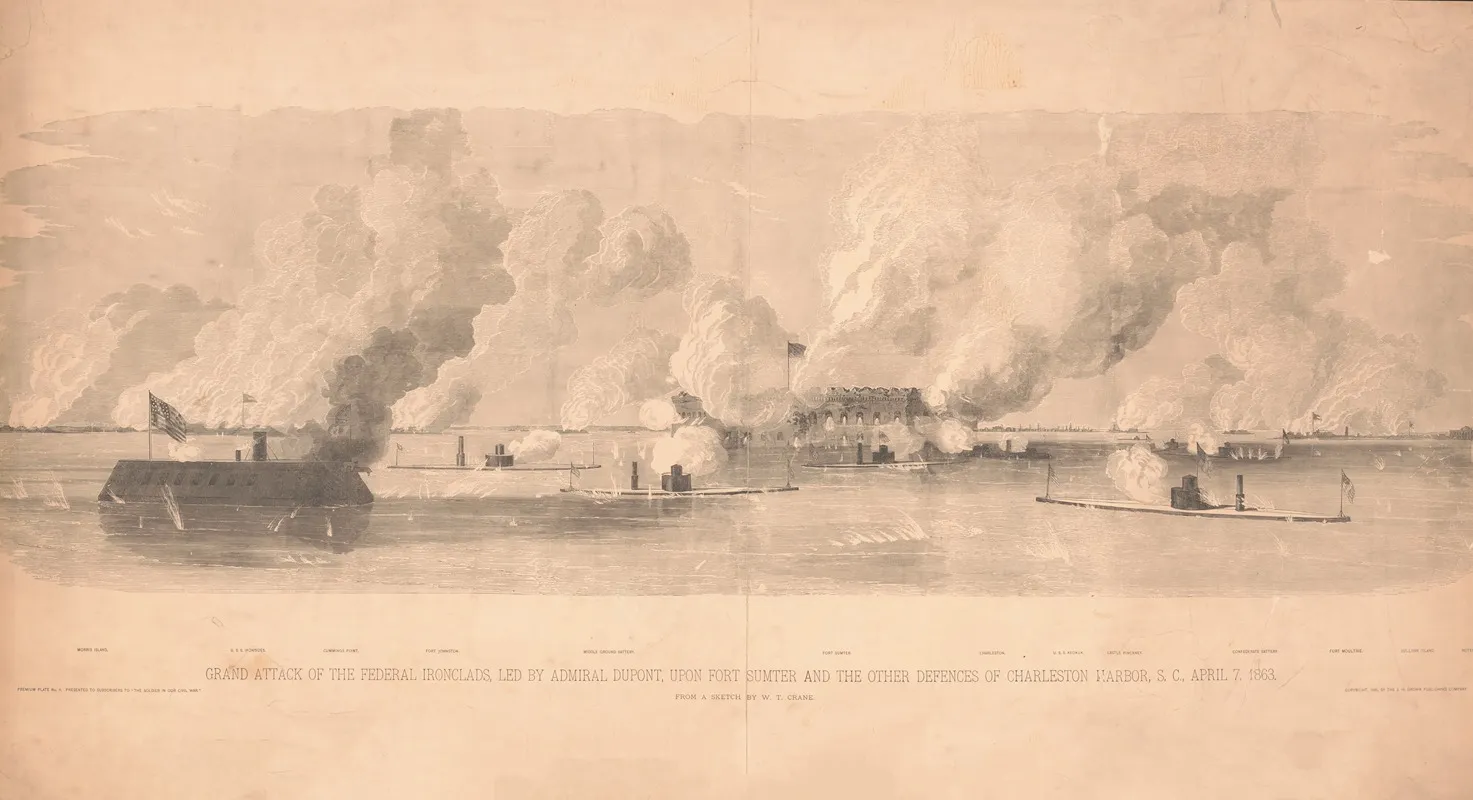 Grand Attack Of The Federal Ironclads Lead By Admiral Dupont Upon Fort Sumter And The Other Defenses Of Charleston Harbor S C April 7 1863 Wall Art by J.H. Brown Publishing Company - High-Resolution Digital Print