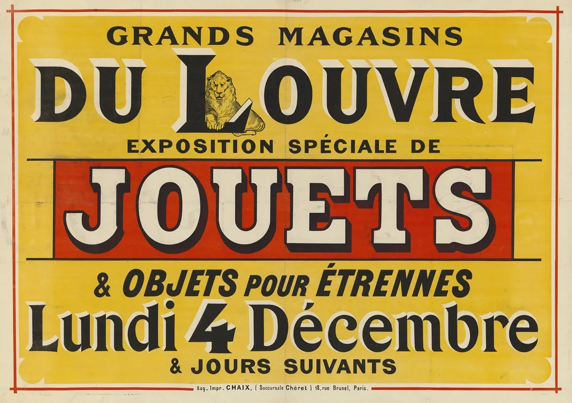 Grands Magasins Du Louvre Exposition Speciale De Jouets Lundi 4 Decembre Wall Art by Jules Chéret - Canvas Print