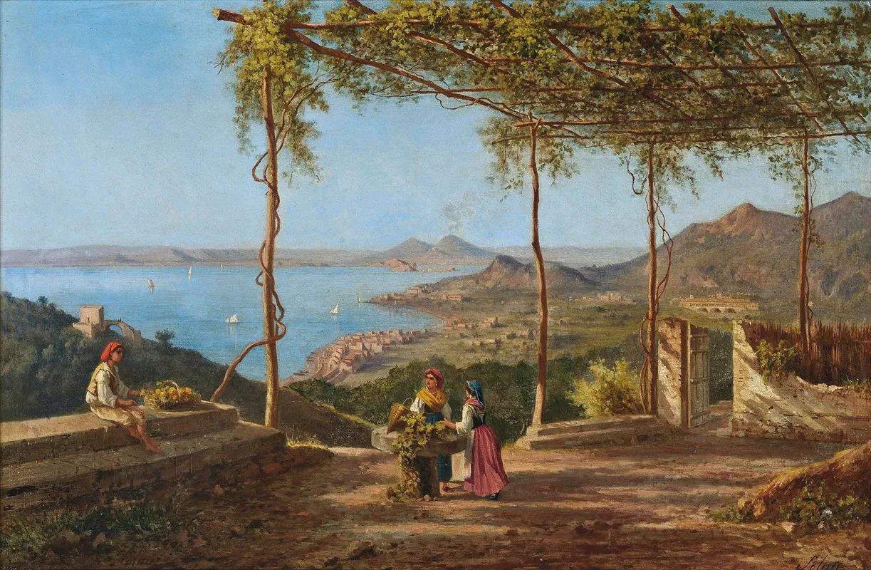 Grape Pickers Above Sorrento Vesuvius Beyond