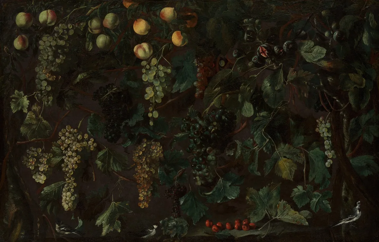 Grape Vines And Fruit With Three Wagtails Wall Art by Bartolomeo Cavarozzi - High-Resolution Digital Print