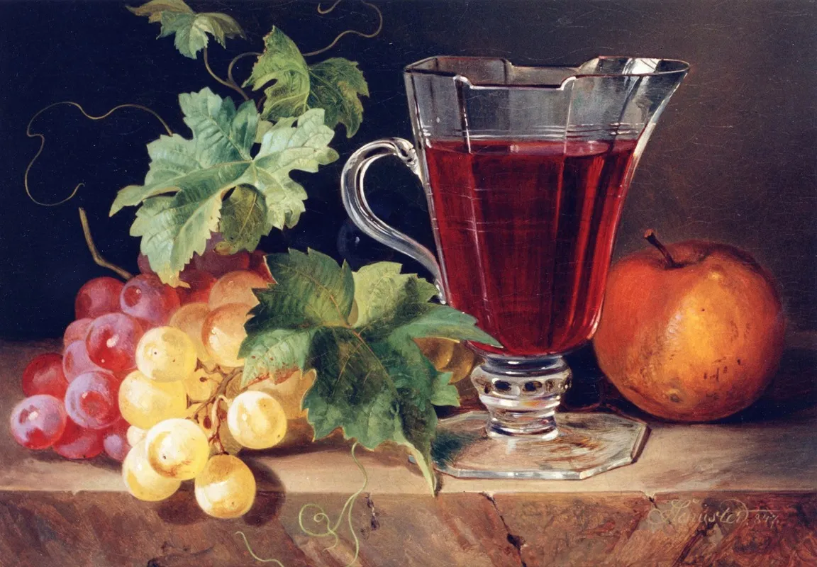 Grapes And A Jug Of Wine On A Ledge Wall Art by Josef Schuster - High-Resolution Digital Print