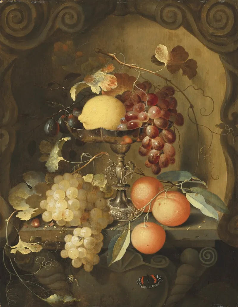 Grapes And A Lemon On A Tazza With Oranges On A Ledge In A Sculpted Stone Niche Wall Art by Laurens Craen - High-Resolution Digital Print