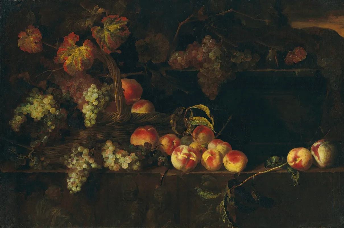 Grapes And Peaches In A Wicker Basket With Other Fruit On A Ledge A Landscape Beyond Wall Art by Nicolas de Largillière - High-Resolution Digital Print