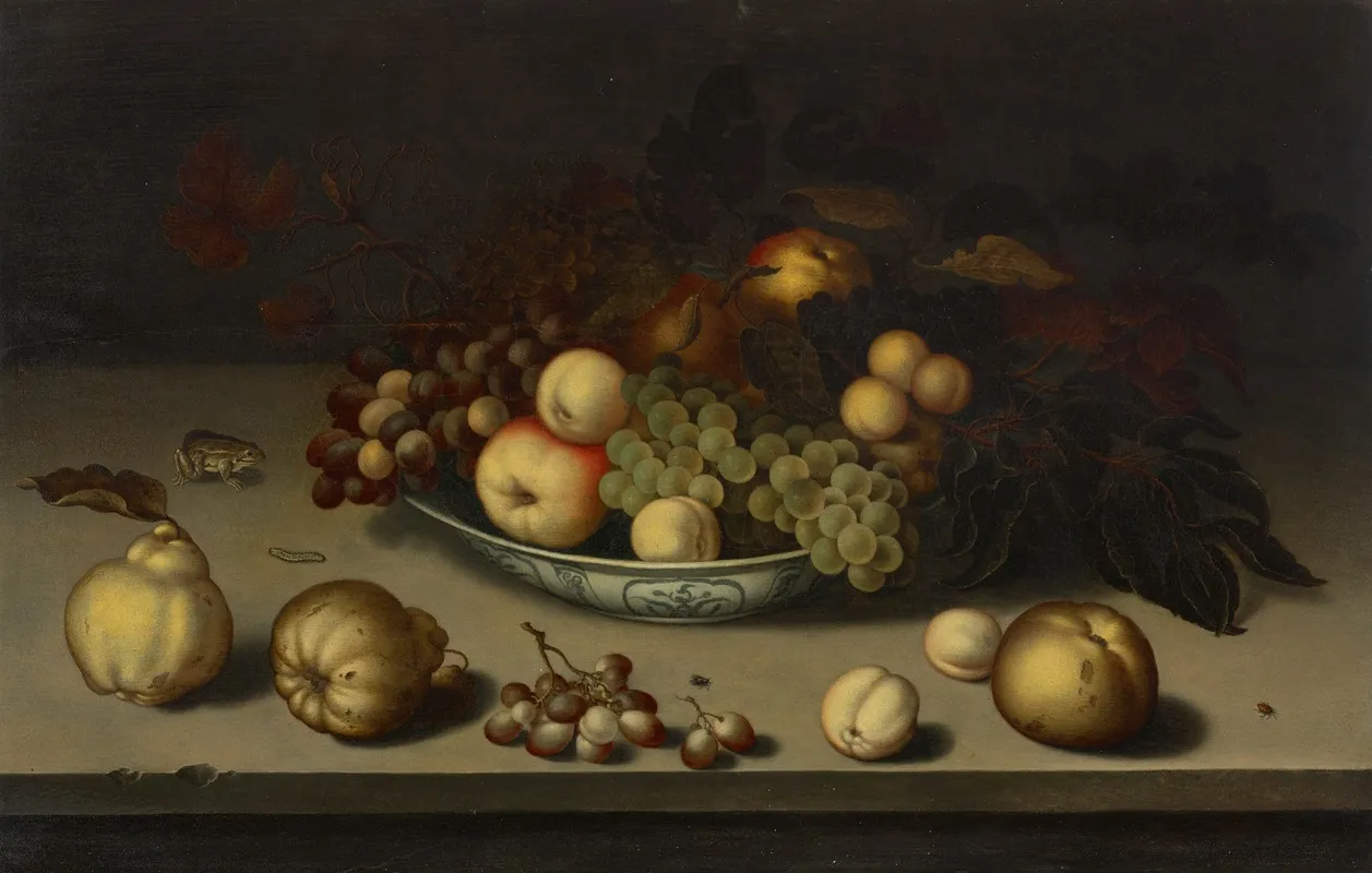 Grapes Apples Peaches And Apricots In A Wan Li Bowl With Quinces A Frog A Caterpillar A Fly And A Beetle On A Stone Ledge Wall Art by Balthasar van der Ast - High-Resolution Digital Print