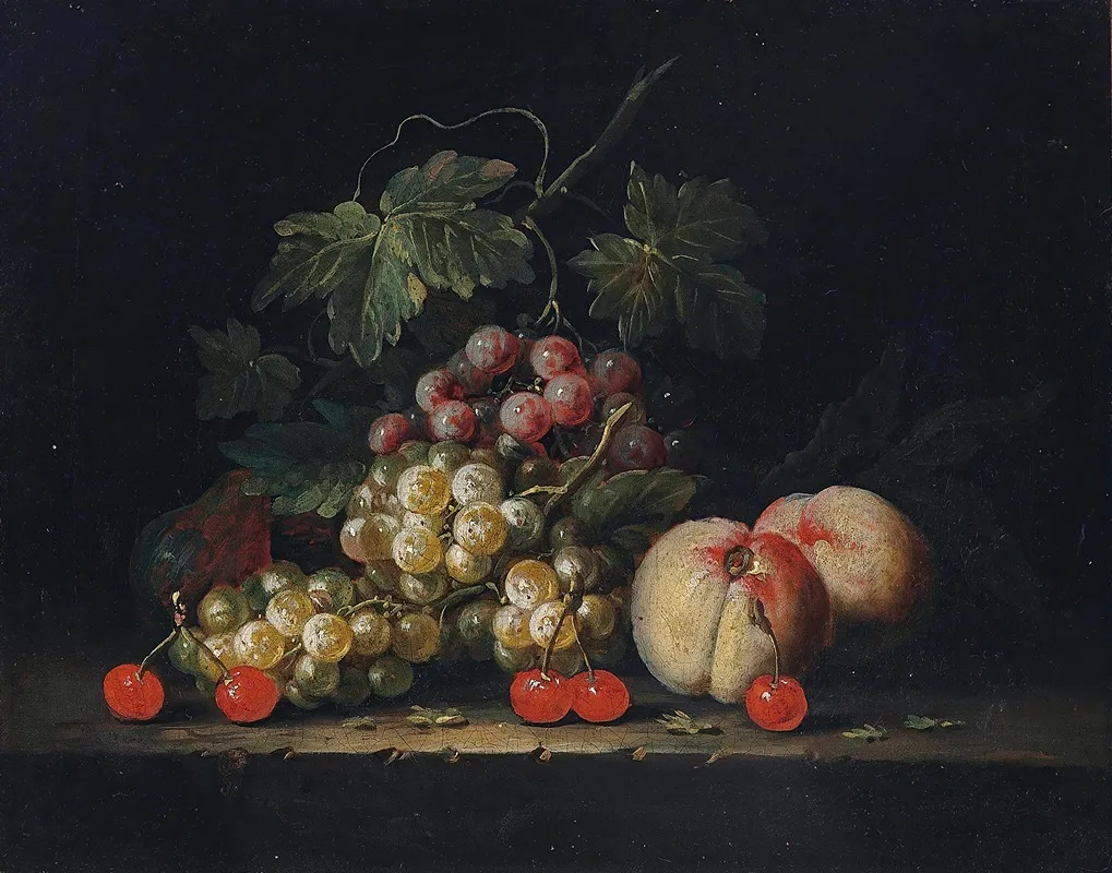 Grapes Peaches And Cherries On A Stone Ledge Wall Art by George William Sartorius - High-Resolution Digital Print