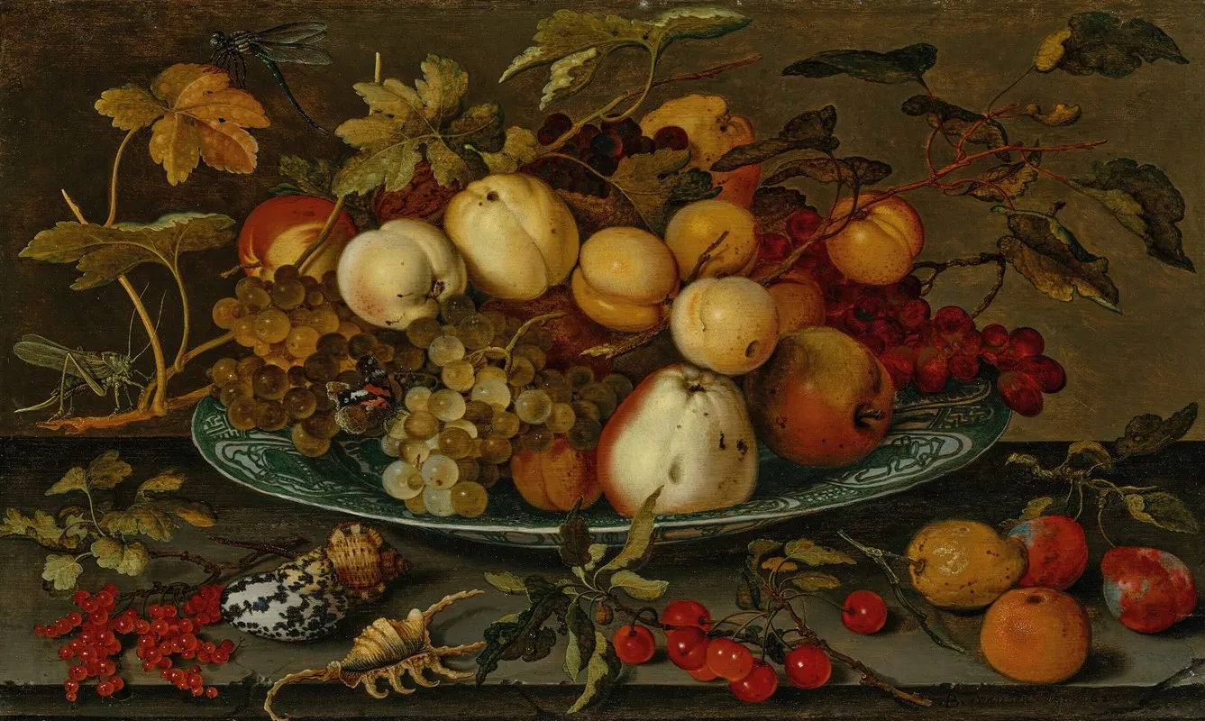 Grapes Peaches Apples And Plums In A Wan Li Bowl On A Ledge With Shells A Grasshopper And Other Fruit Wall Art by Balthasar van der Ast - High-Resolution Digital Print