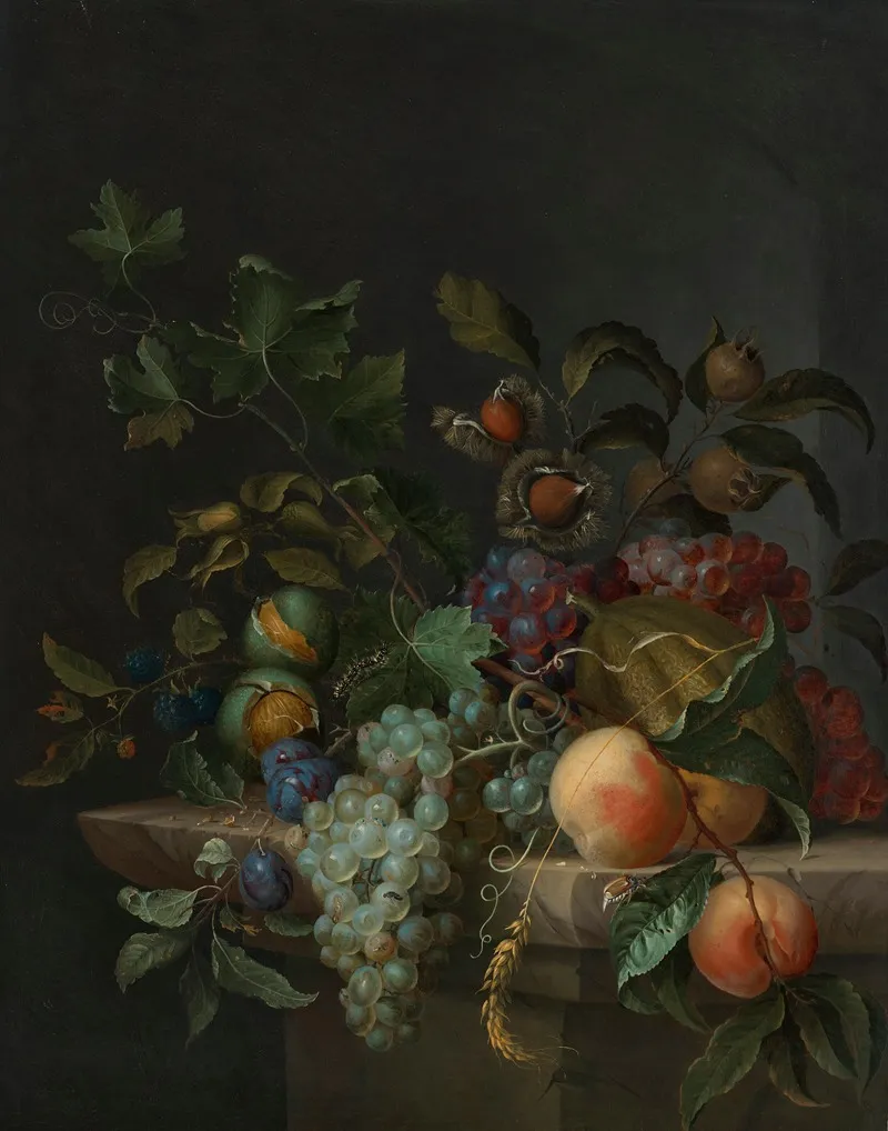 Grapes Peaches Plums Blackberries Rosehips A Melon An Ear Of Barley A Vine Tendril Chestnuts Walnuts And Hazelnuts With A Fly Caterpillar And Beetle On A Stone Ledge Wall Art by Pieter Gallis - High-Resolution Digital Print