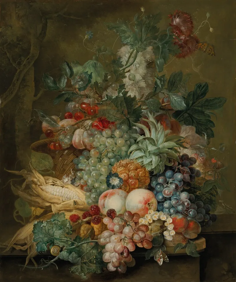 Grapes Peaches Sweetcorn A Pineapple Poppies And Other Fruit And Flowers In A Wicker Basket On A Ledge Wall Art by Jacobus Linthorst - High-Resolution Digital Print