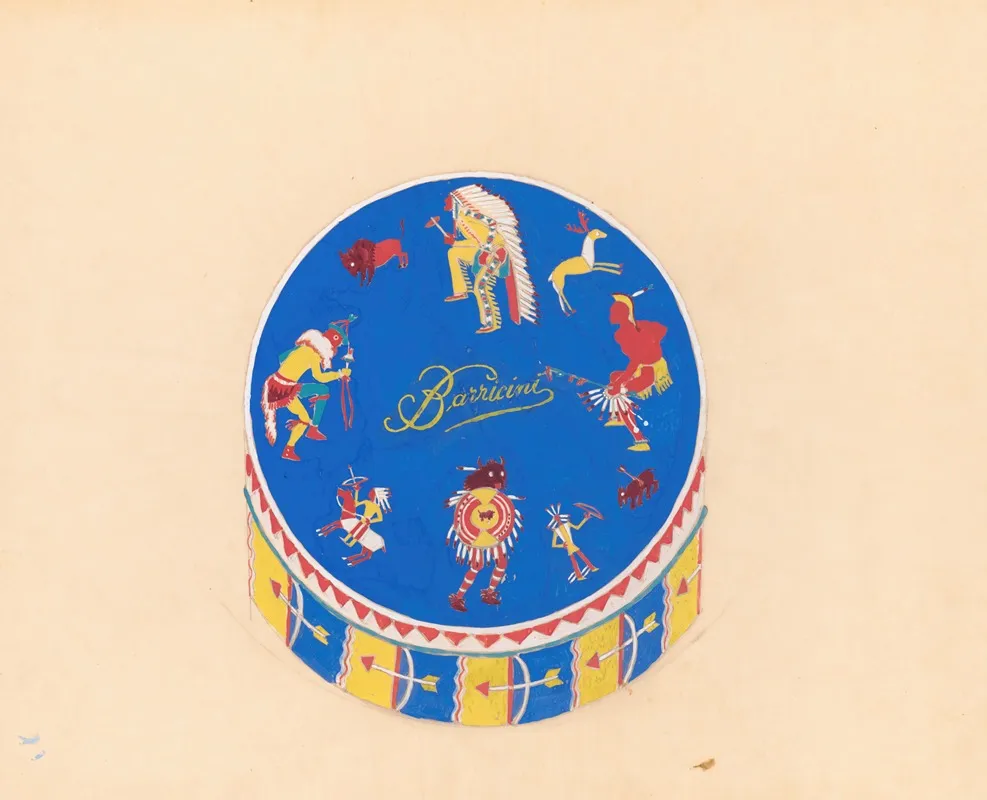 Graphic Design Drawings For Barricini Candy Packages 3 D Study Circular Candy Box With Indian Motif On Blue Background Wall Art by Winold Reiss - High-Resolution Digital Print