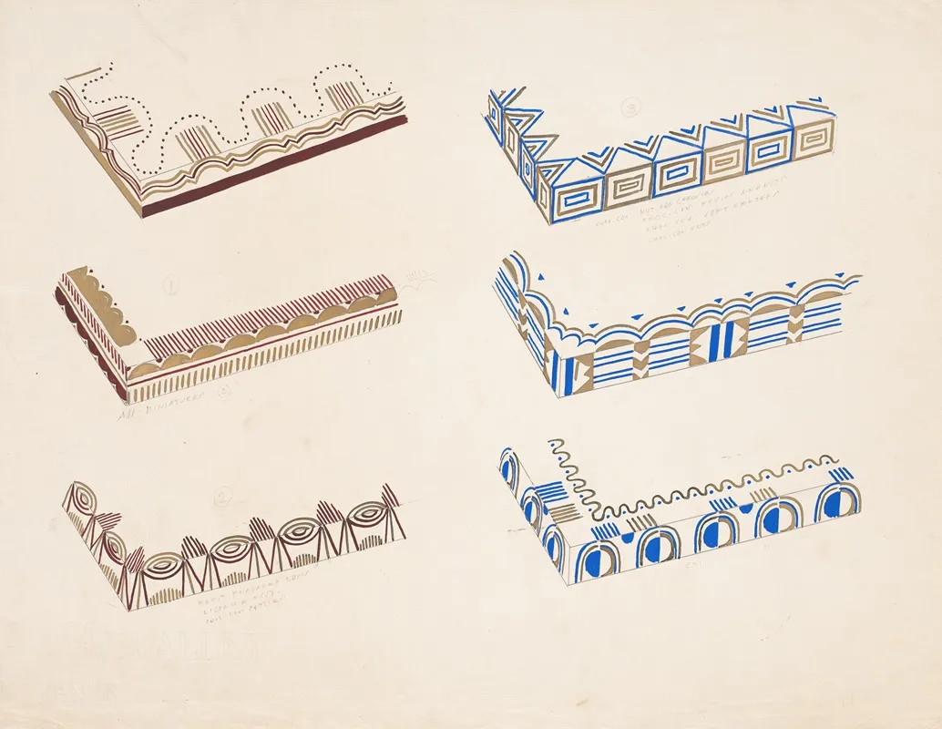 Graphic Design Drawings For Barricini Candy Packages 3 D Study For 6 Rectangular Boxes 2 Sides Partially Shown Wall Art by Winold Reiss - High-Resolution Digital Print