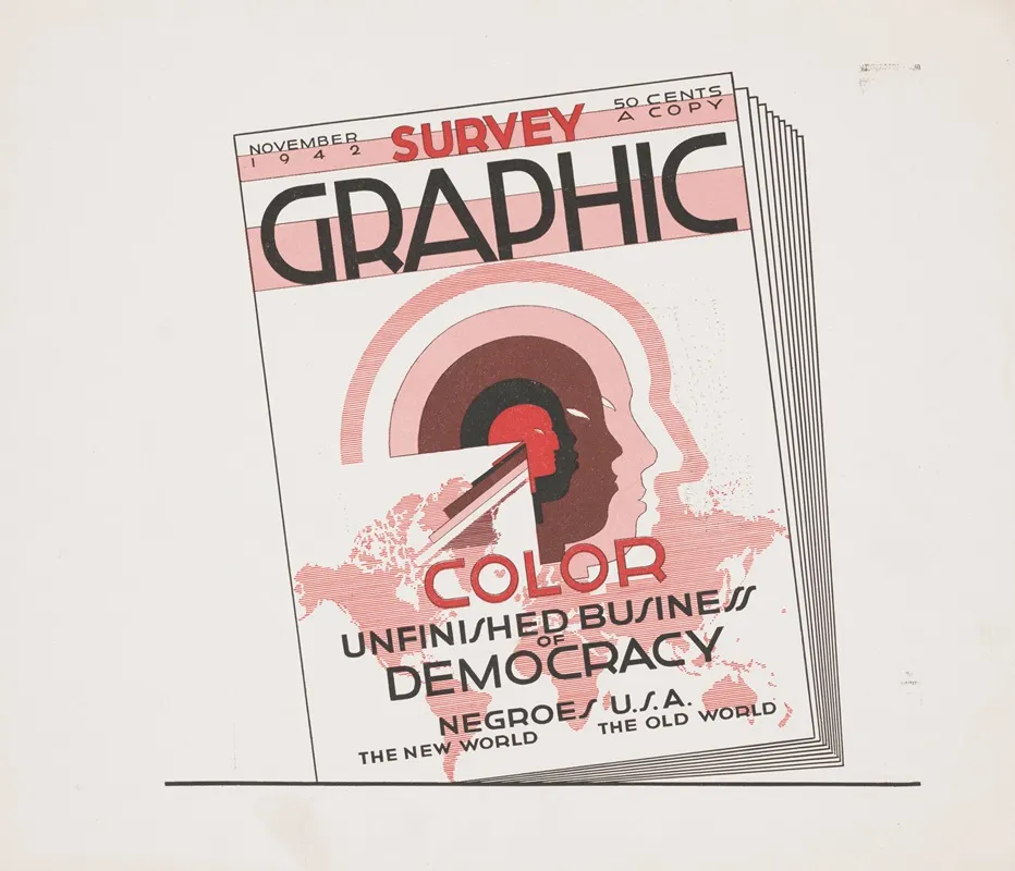 Graphic Design For Cover Of Survey Graphic Magazine Color Unfinished Business Of Democracy Design With Map Of Earth And Human Faces Wall Art by Winold Reiss - High-Resolution Digital Print