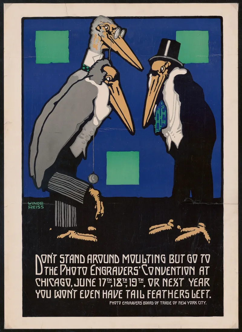 Graphic Design For Photo Engravers Convention Chicago Poster Featuring Cartoon Like Storks by Winold Reiss - High-Resolution Digital Print