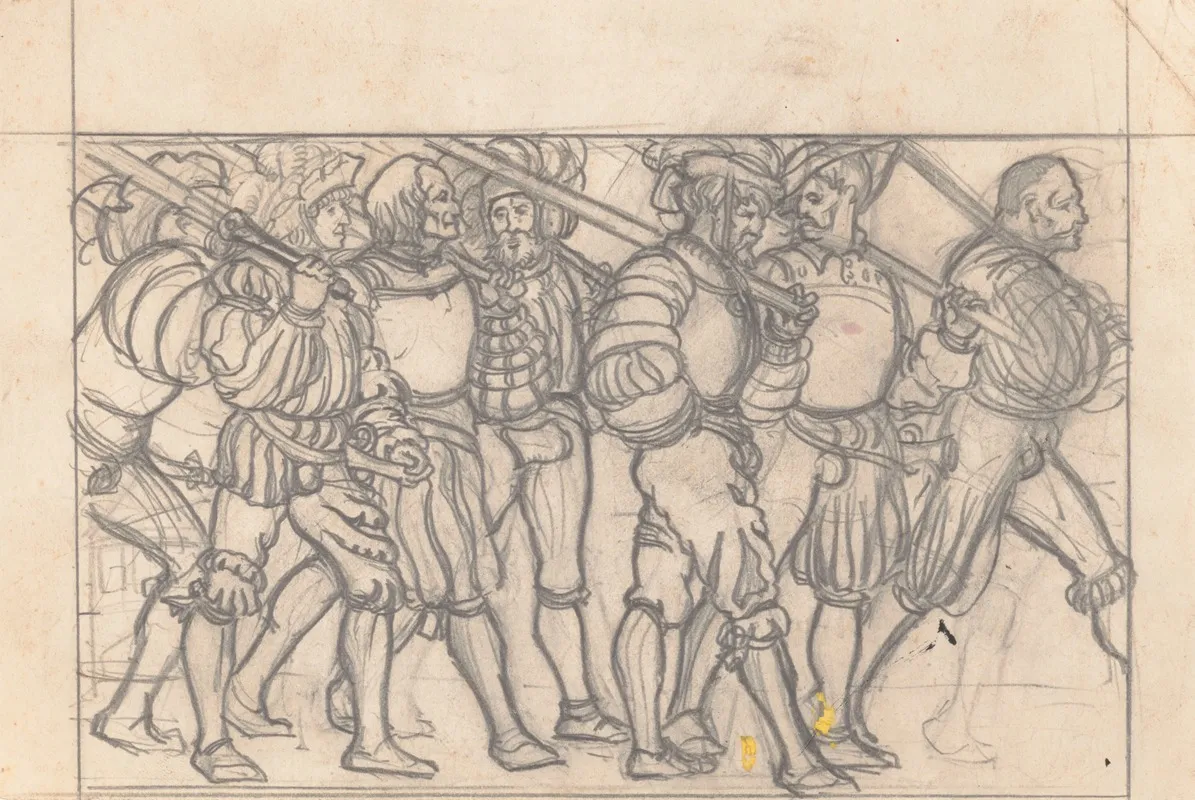 Graphic Designs For Scribners Magazine Cover Medieval Festival Theme Drawing Of Men With Medieval Clothing And Items Walking To The Right Wall Art by Winold Reiss - High-Resolution Digital Print