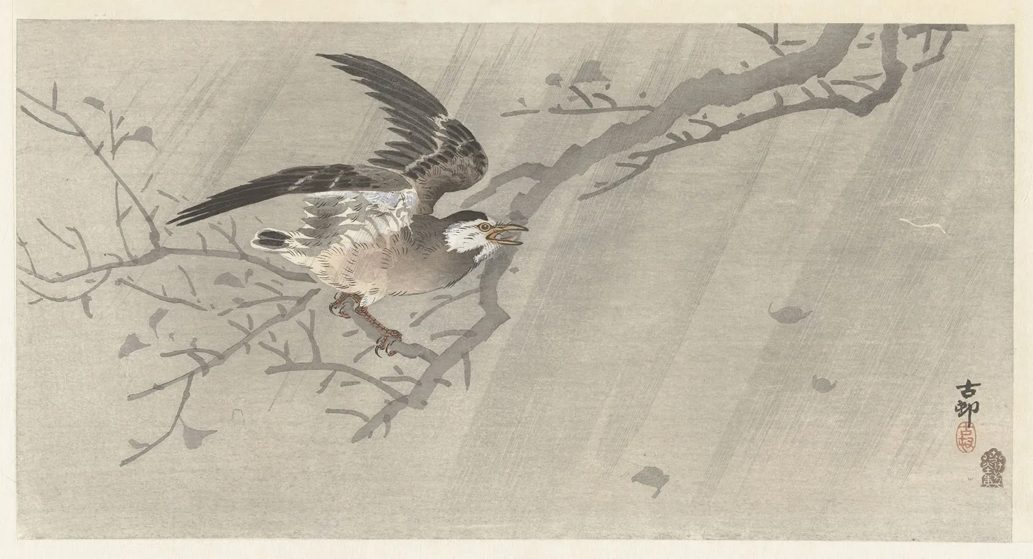 Gray Starling In Storm Wall Art by Ohara Koson - High-Resolution Digital Print