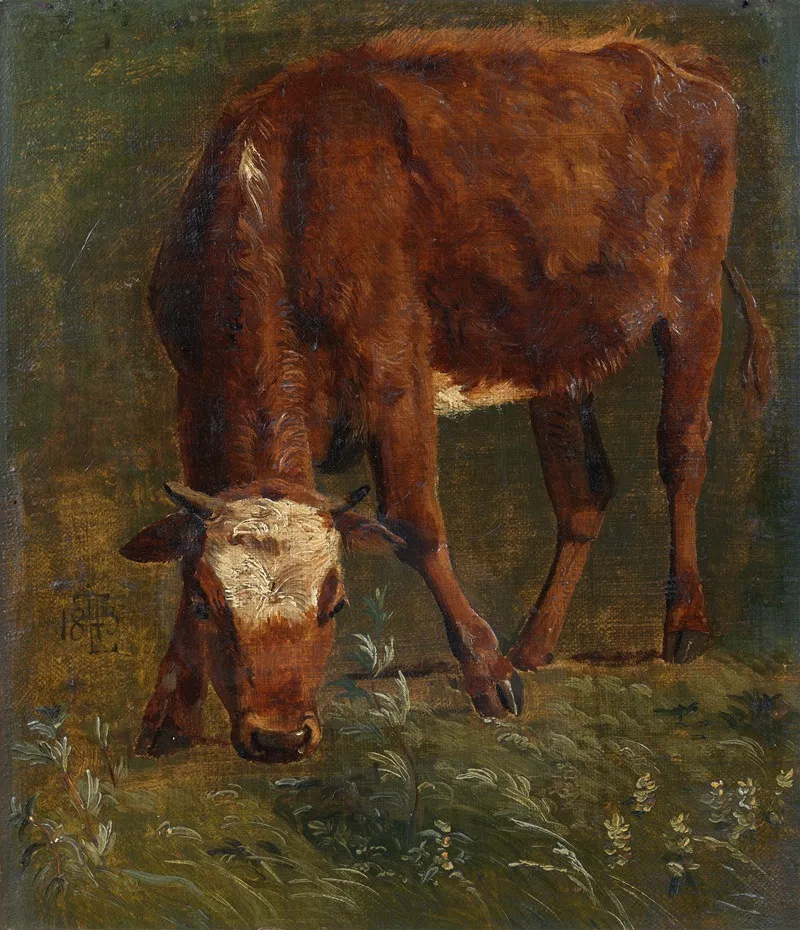 Grazing Red Heifer Study Wall Art by Johan Thomas Lundbye - High-Resolution Digital Print