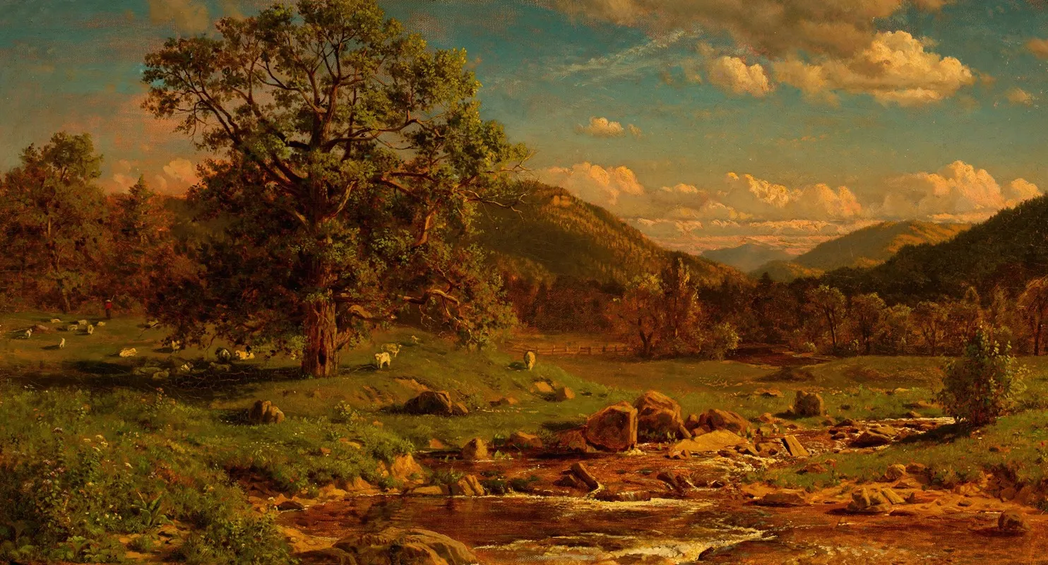Grazing Sheep At Headwaters Of A Stream Wall Art by John S. Jameson - High-Resolution Digital Print
