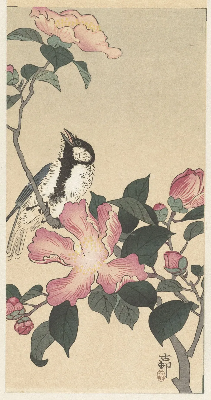 Great Tit On Branch With Pink Flowers Wall Art by Ohara Koson - High-Resolution Digital Print