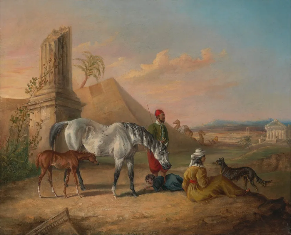 Grey Arabian Mare And Foal With A Family Wall Art by George Henry Laporte - High-Resolution Digital Print