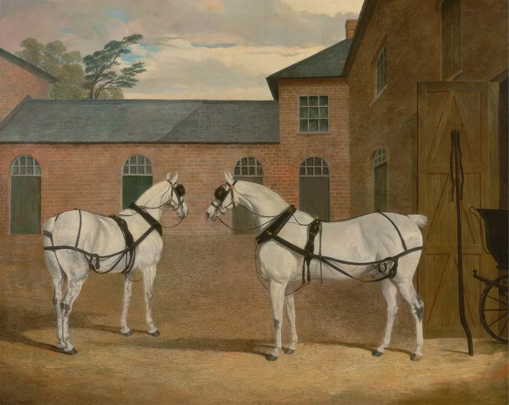 Grey Carriage Horses In The Coachyard At Putteridge Bury Hertfordshire Wall Art by John Frederick Herring Snr. - High-Resolution Digital Print