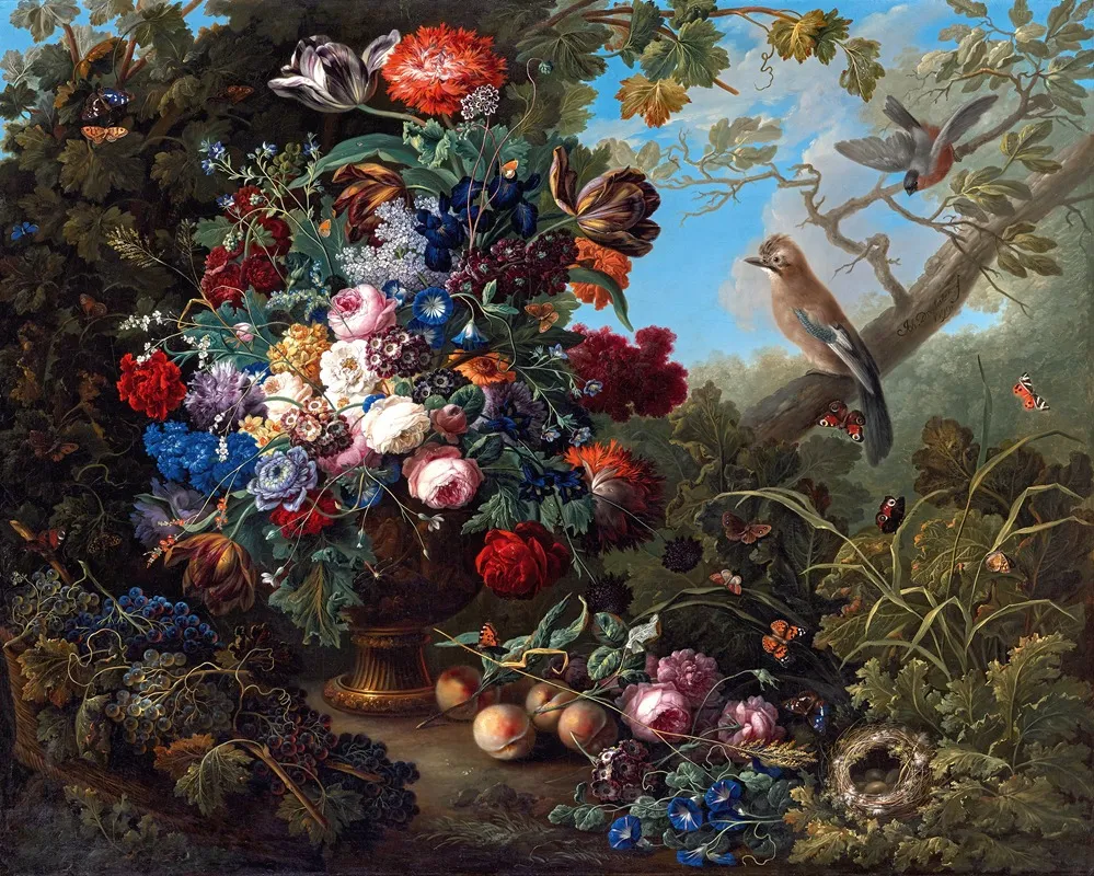 Groses Blumenstillleben Mit Vogeln Wall Art by Johann Baptist Drechsler - High-Resolution Digital Print