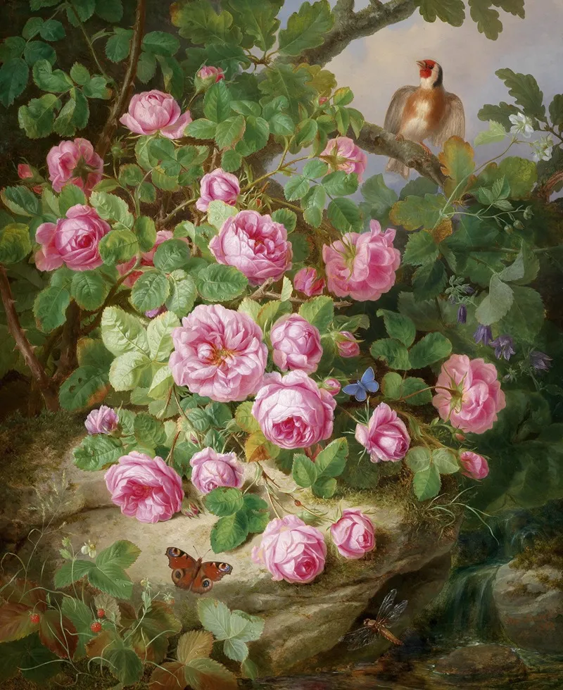 Groses Rosenstillleben Mit Schmetterlingen Und Vogel Wall Art by Josef Lauer - High-Resolution Digital Print