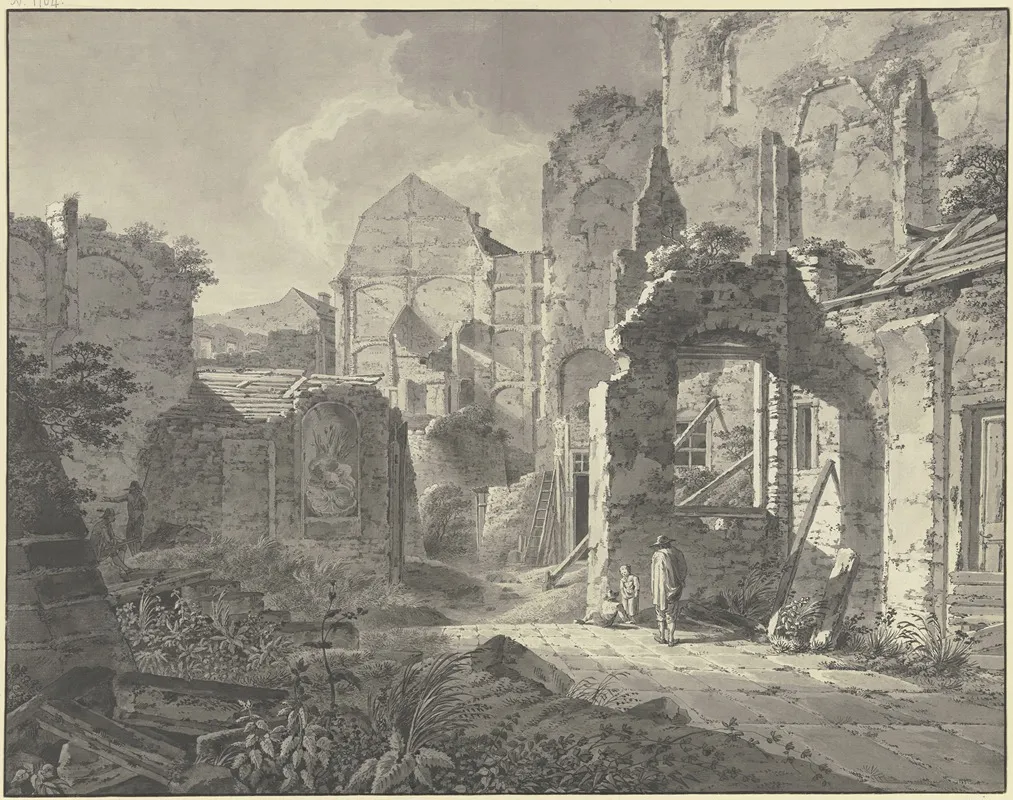 Groses Verfallenes Gebaude Rechts Ein Mann Mit Zwei Kindern Links Ein Maler Wall Art by Johann Heinrich Troll - High-Resolution Digital Print