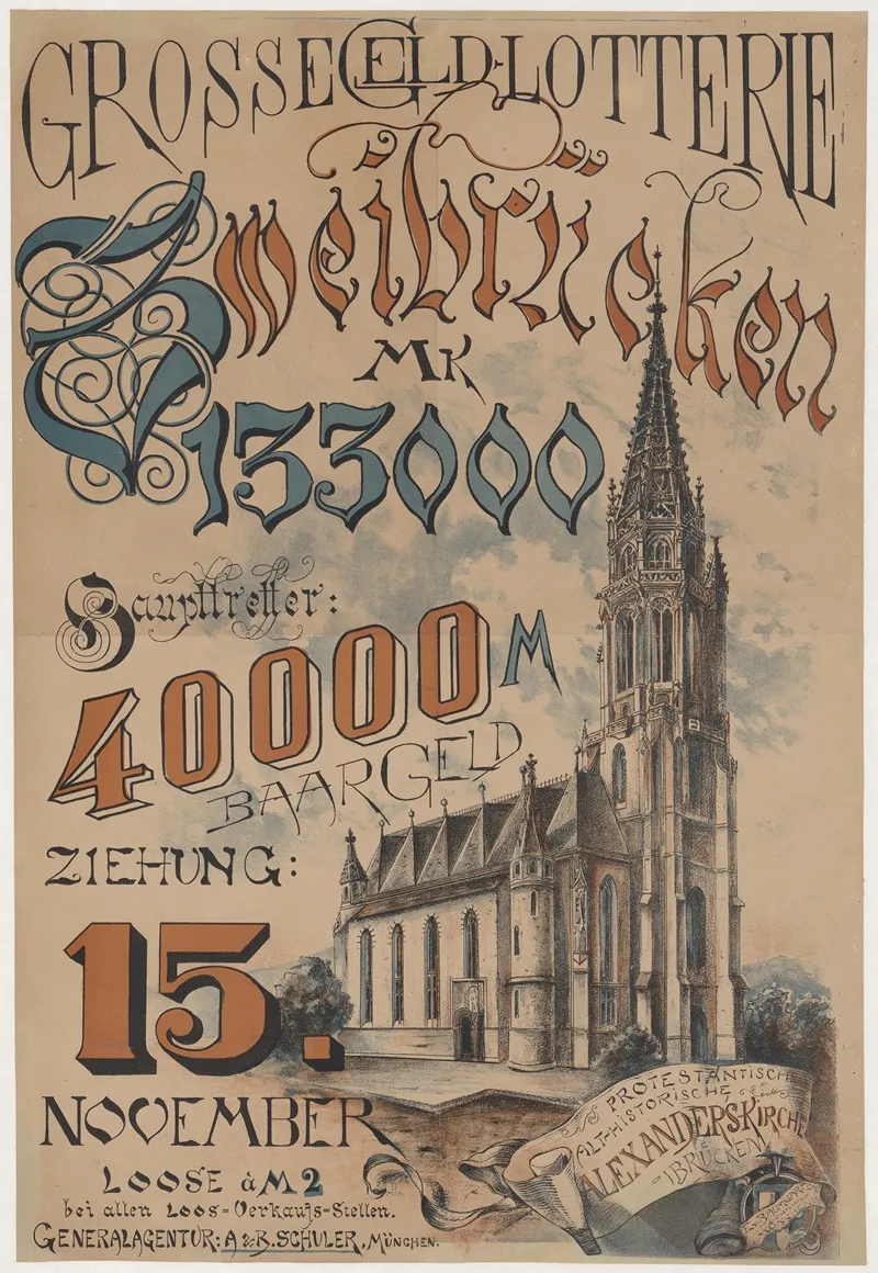 Grossegeld Lotterie Swei Brucken Mk 13300 Prostestantische Althistorische Alexanders Kirche Brucken Wall Art by Anonymous - High-Resolution Digital Print