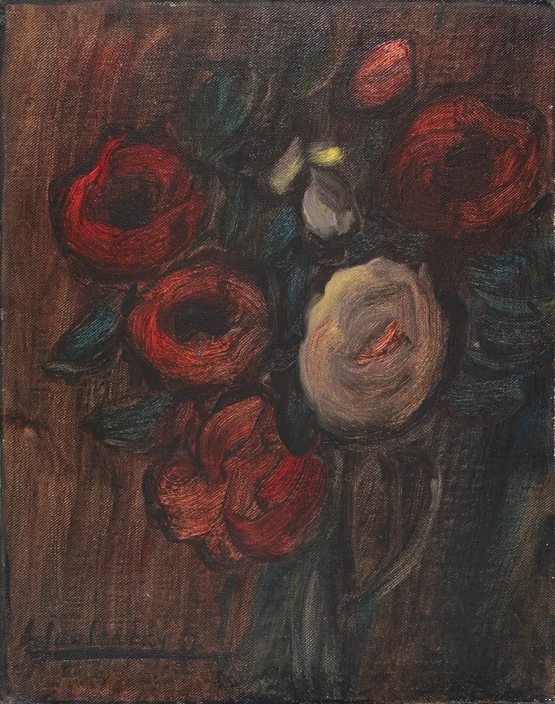 Grosses Stillleben Gruner Krug Mit Pfingstrosen Dunkles Rosenbouquet Wall Art by Alexej von Jawlensky - High-Resolution Digital Print