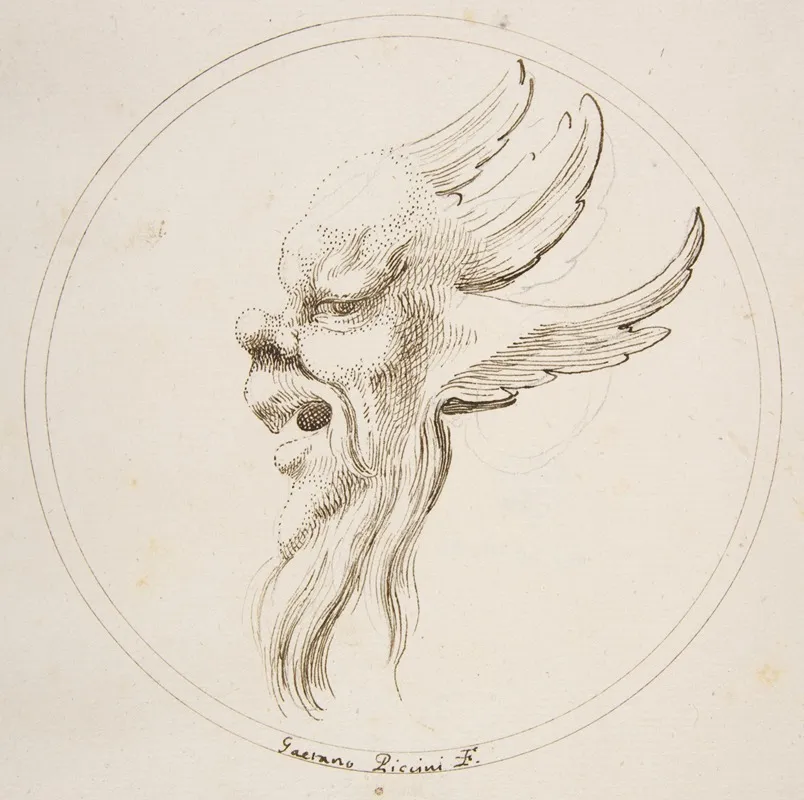 Grotesque Winged And Bearded Head Looking To The Left Within A Circle