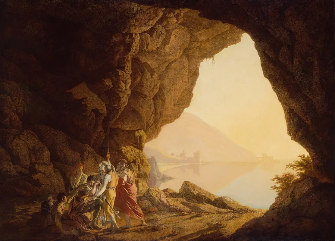Grotto By The Seaside In The Kingdom Of Naples With Banditti Sunset Wall Art by Joseph Wright of Derby - High-Resolution Digital Print